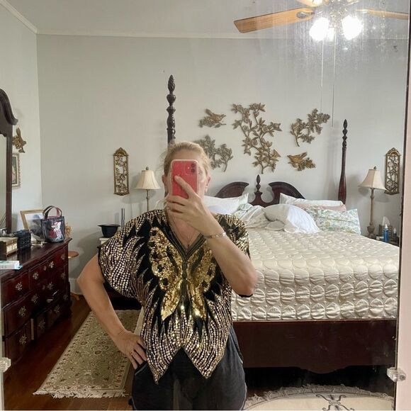 Vtg 70s/80s black silk & gold sequin disco butterfly blouse - Picture 2 of 8